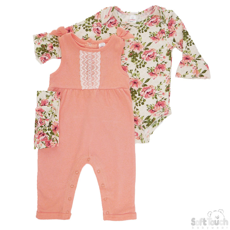 Girls Floral 3 Piece Set - Coverall, Bodysuit & Headband 