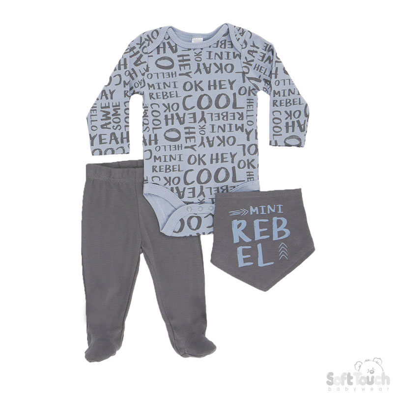 Boys 3 Piece Set - Long Sleeved Bodysuit , Pants & Bib : 