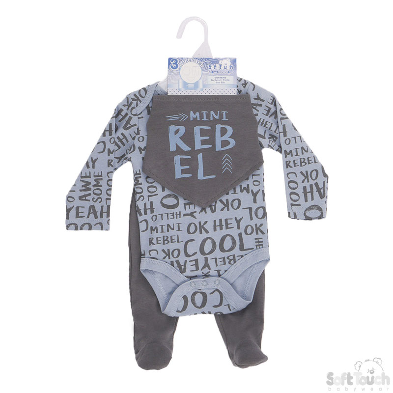 Boys 3 Piece Set - Long Sleeved Bodysuit , Pants & Bib : 