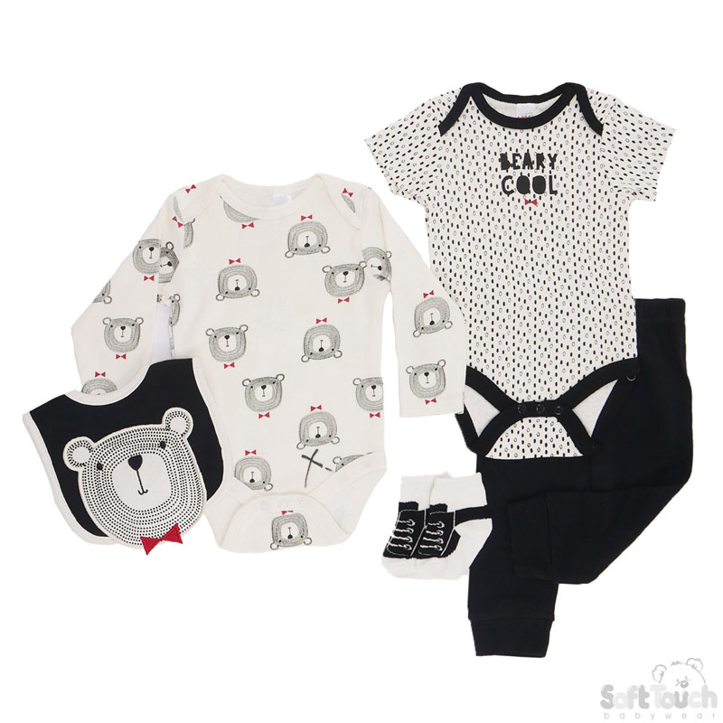 Boys 5 Piece Set - 1 x L/S & 1 xS/S Bodysuit , Pants, Bib