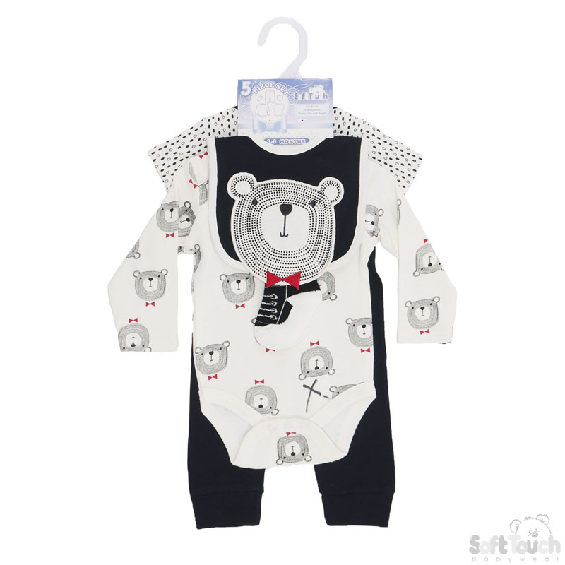 Boys 5 Piece Set - 1 x L/S & 1 xS/S Bodysuit , Pants, Bib