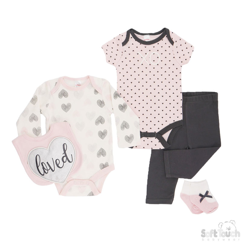 Girls 5 Piece Set - 1 x L/S & 1 xS/S Bodysuit , Pants, Bi