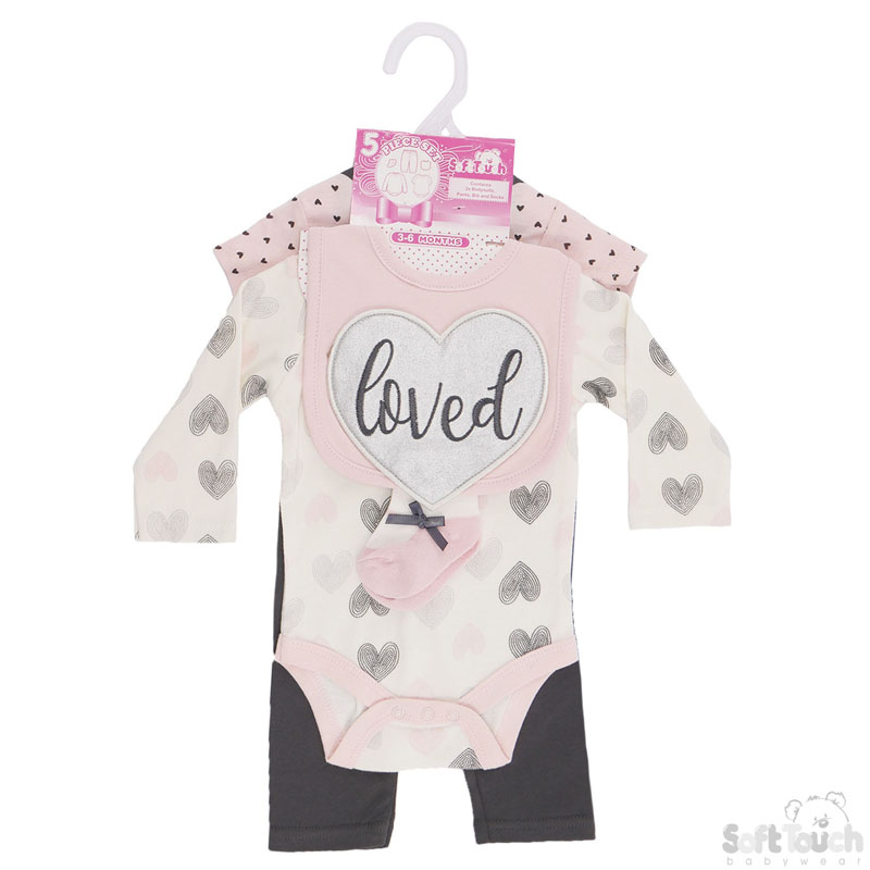 Girls 5 Piece Set - 1 x L/S & 1 xS/S Bodysuit , Pants, Bi