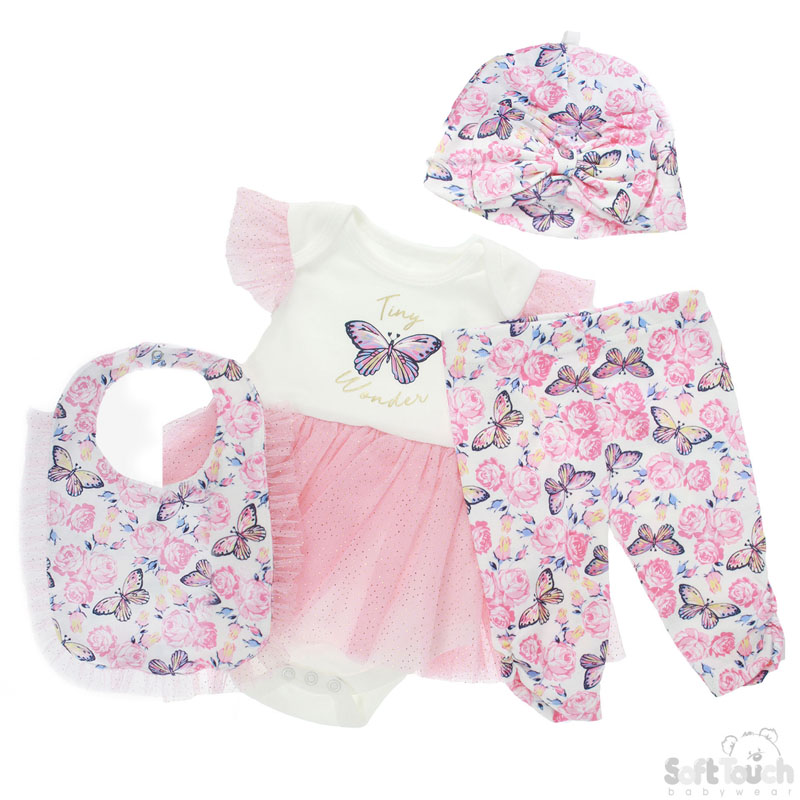 4 pc Girls Bib, Turban Hat, Bodysuit & Pant Set: BG140