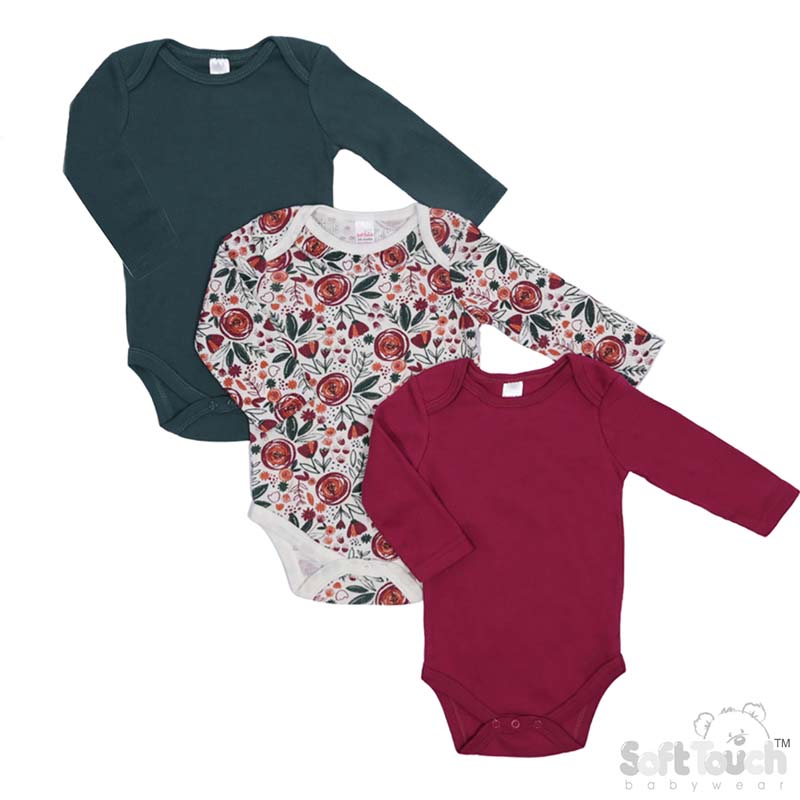 3 Pack Long Sleeved Thermal Bodysuits : BG316 (Plain/Floral)