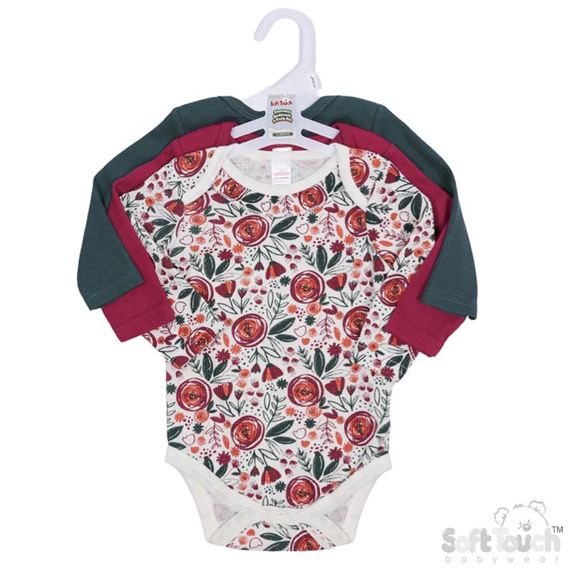 3 Pack Long Sleeved Thermal Bodysuits : BG316 (Plain/Floral)