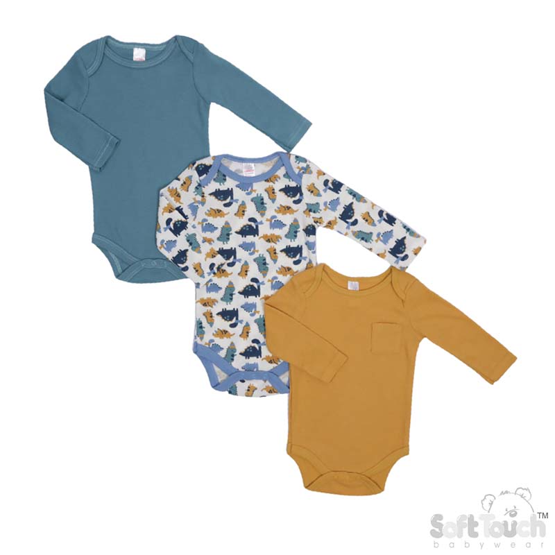 3 Pack Long Sleeved Thermal Bodysuits : BG317 (Plain/Dinosaur)