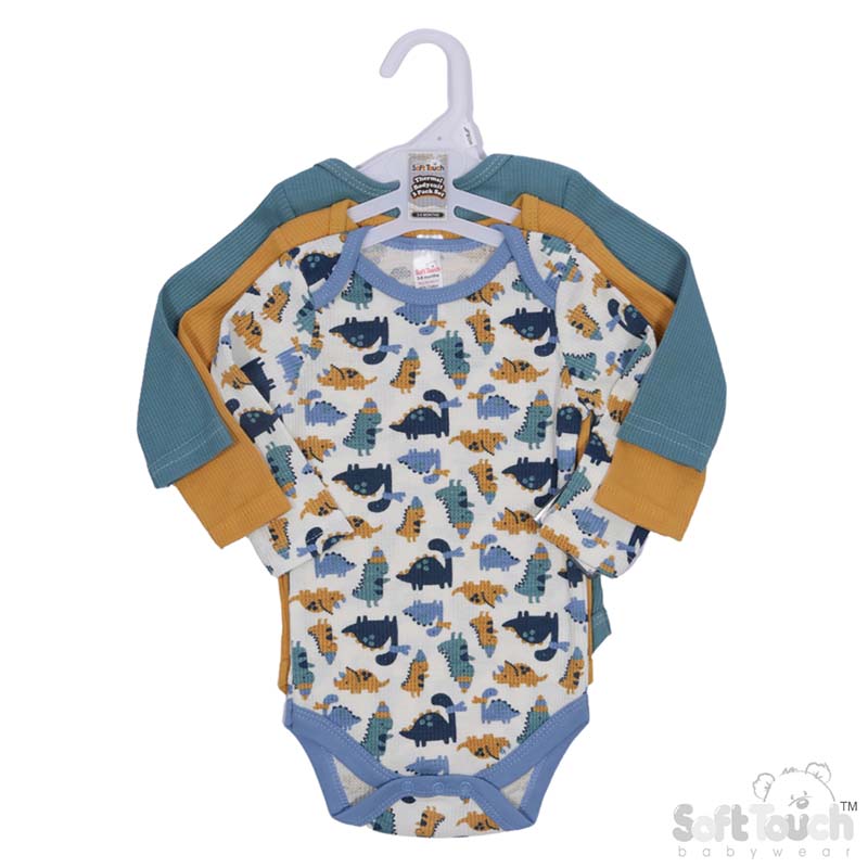 3 Pack Long Sleeved Thermal Bodysuits : BG317 (Plain/Dinosaur)