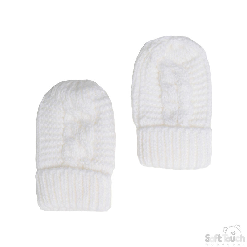 White Plain/Striped Mittens No. BM08-W-SM NB-12m
