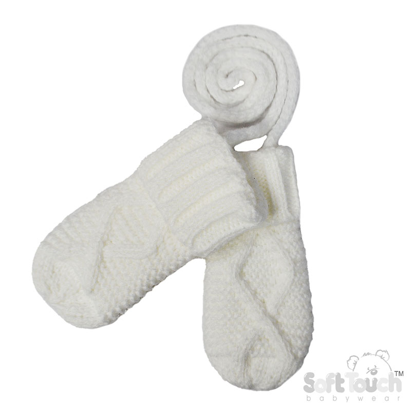 White 'Chain' Knit Mittens No. BM14-W