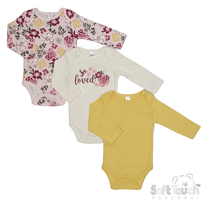 3 Pack Long Sleeved Bodysuits : CC211-BS (Floral/So Loved)