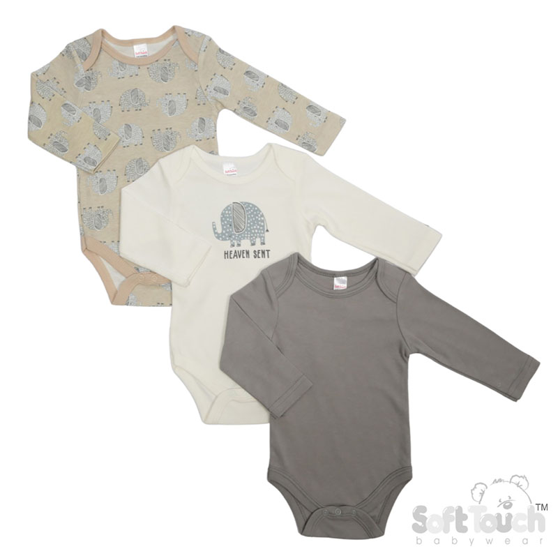 3 Pack Long Sleeved Bodysuits : CC213-BS (Elephant)