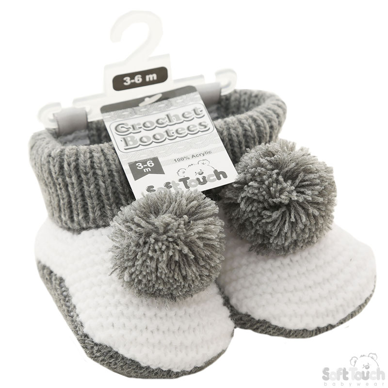 Grey Pom Pom Crochet Bootees No. CRS11-G