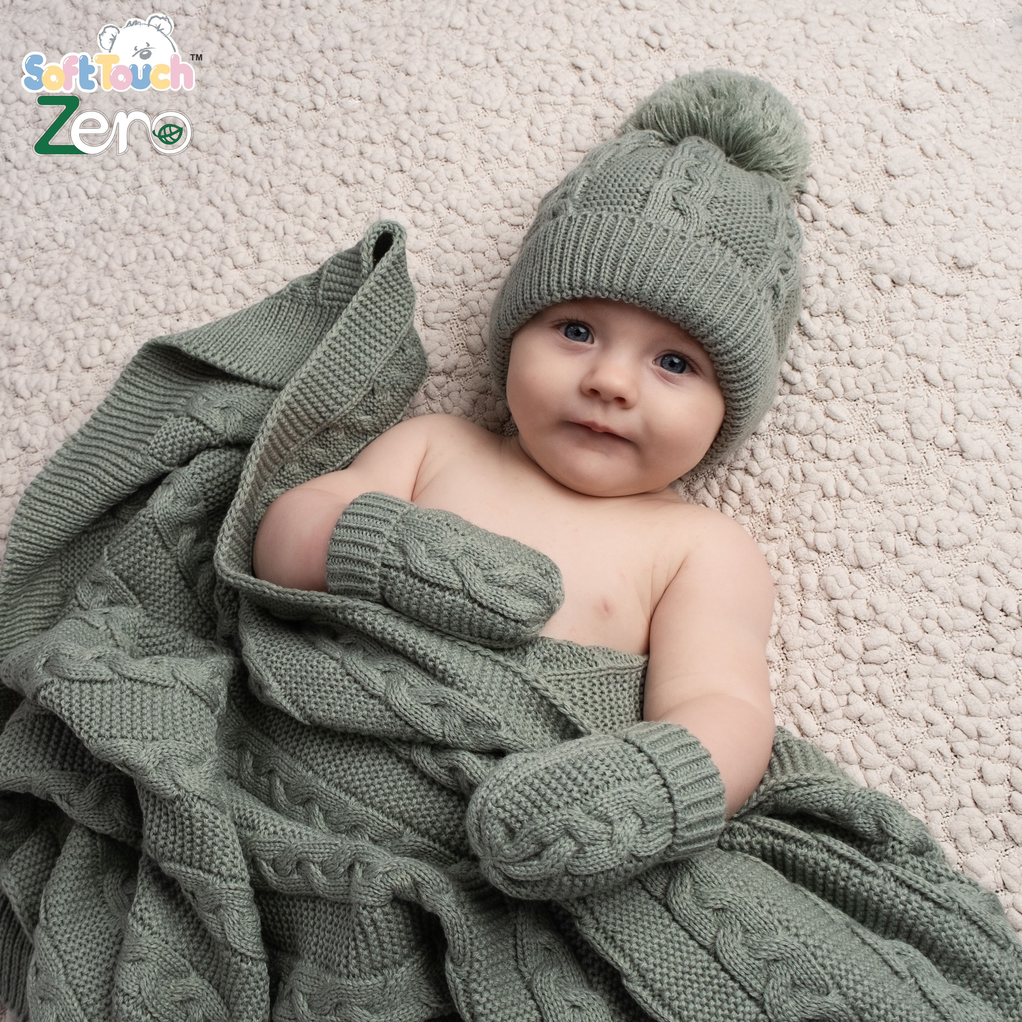 Sage Green Infants Recycled Acrylic Cable Knit Wrap : EABP800-SG