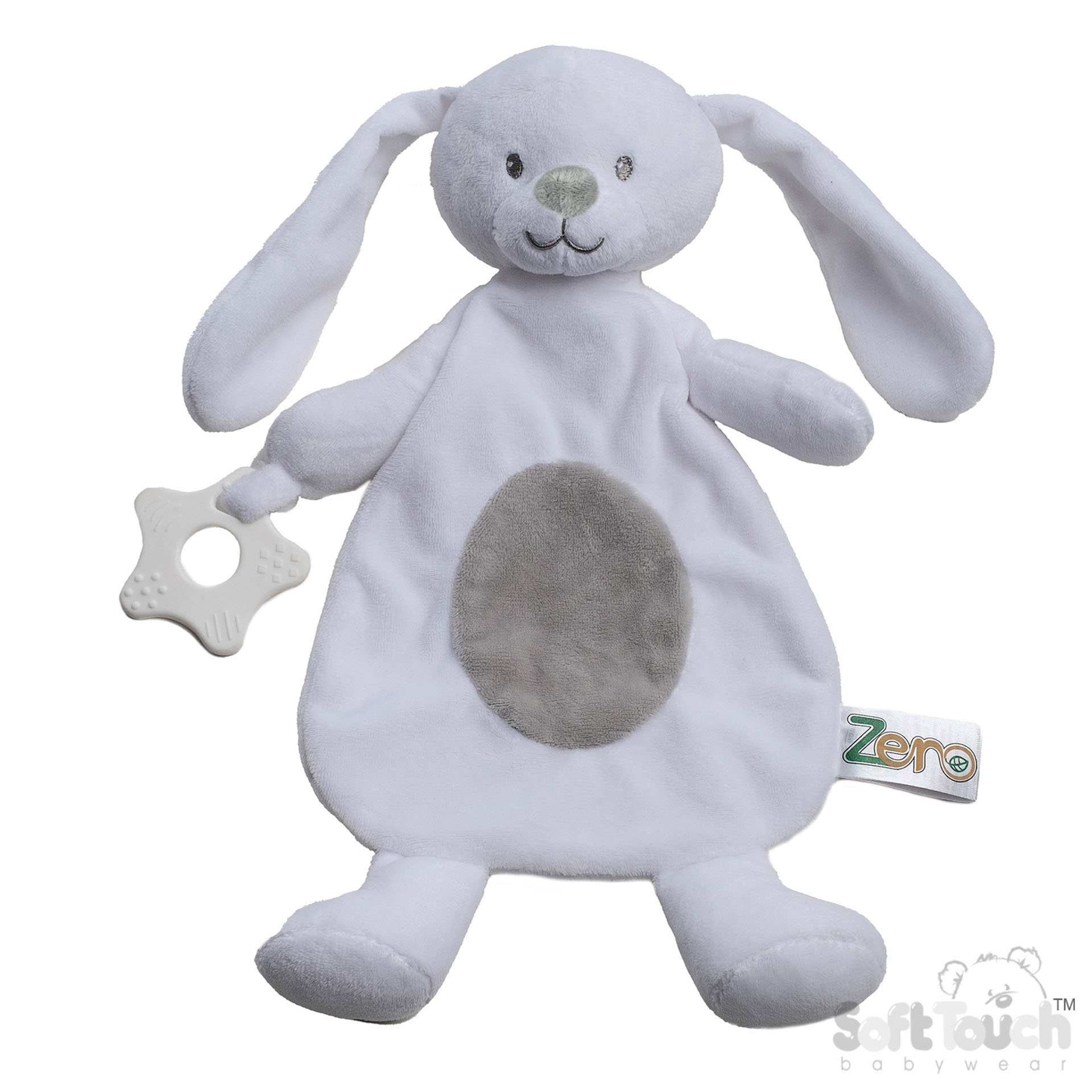 White Eco Recycled Bunny Comforter w/Teething Ring: EBC62-W