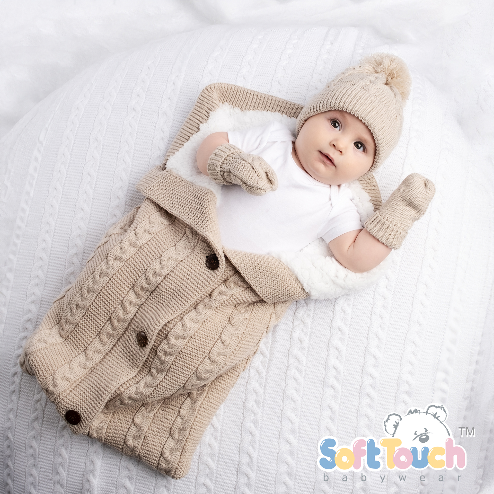 Biscuit Infants (NB-12m) Recycled Acrylic Cable Knit Mittens : EBM800-BI