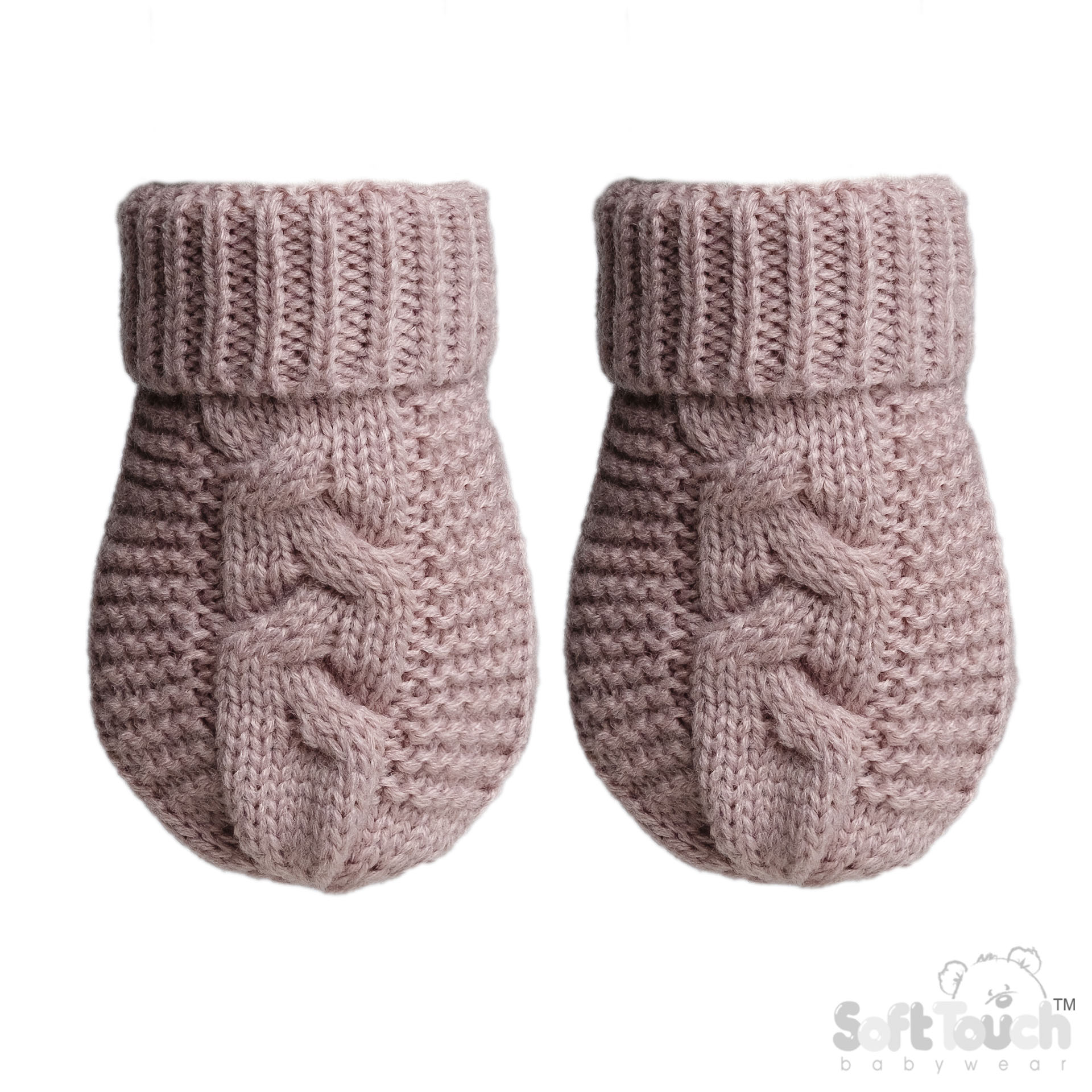 Dusty Pink Infants (NB-12m) Recycled Acrylic Cable Knit Mittens : EBM800-DP
