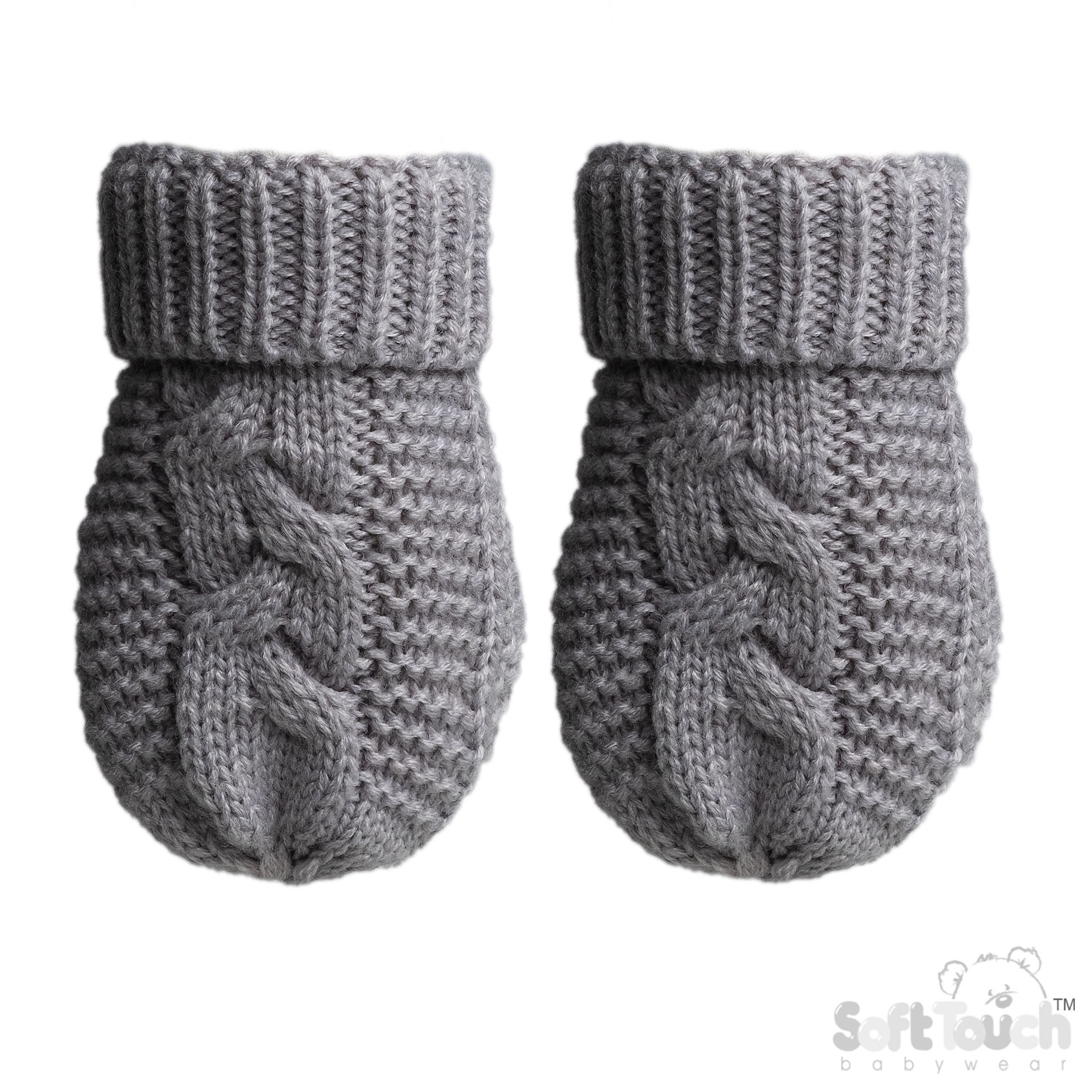 Grey Infants (NB-12m) Recycled Acrylic Cable Knit Mittens : EBM800-G
