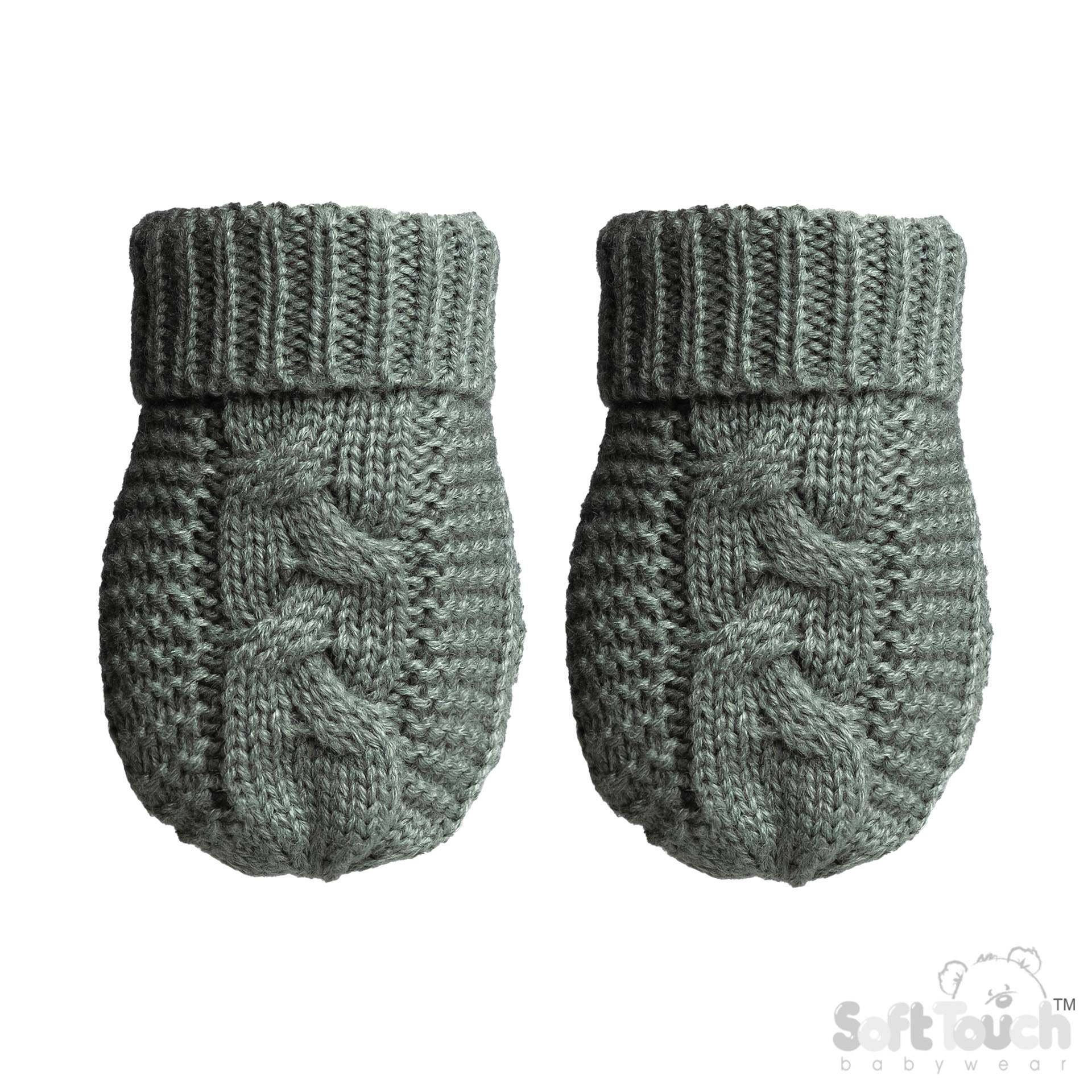 Sage Green Infants (NB-12m) Recycled Acrylic Cable Knit Mittens : EBM800-SG