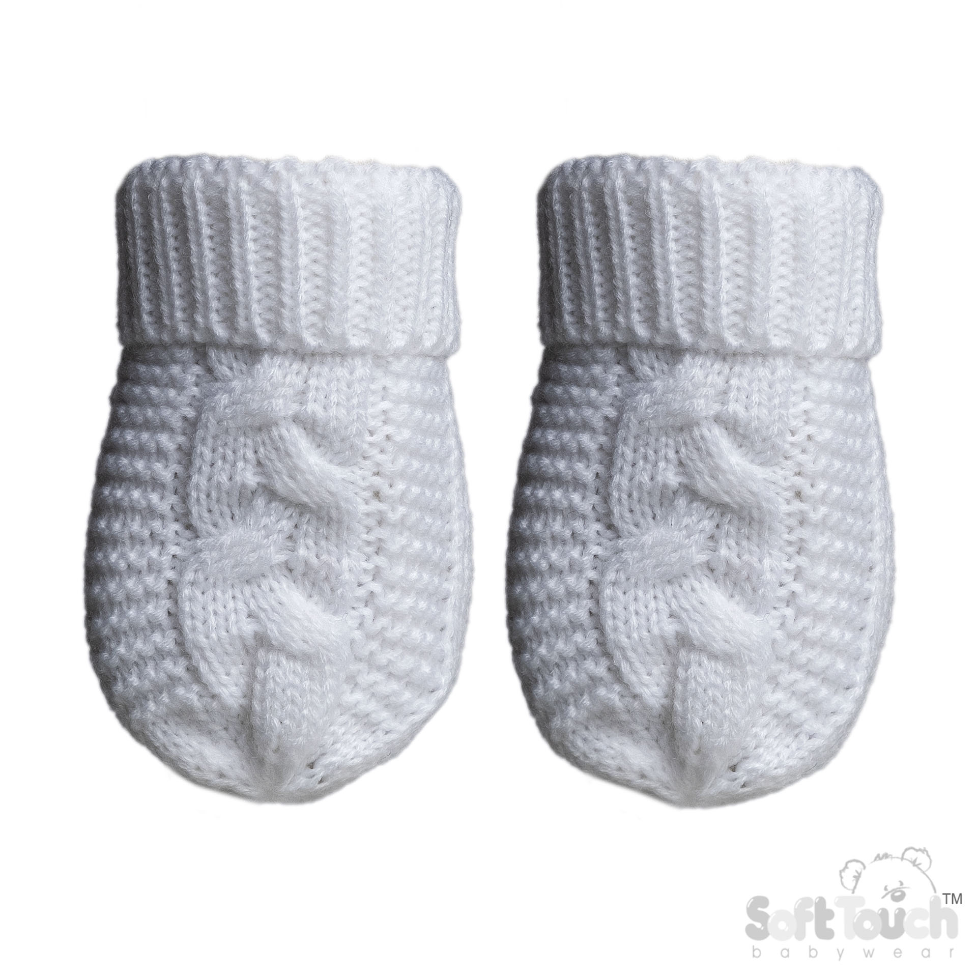 White Infants (NB-12m) Recycled Acrylic Cable Knit Mittens : EBM800-W