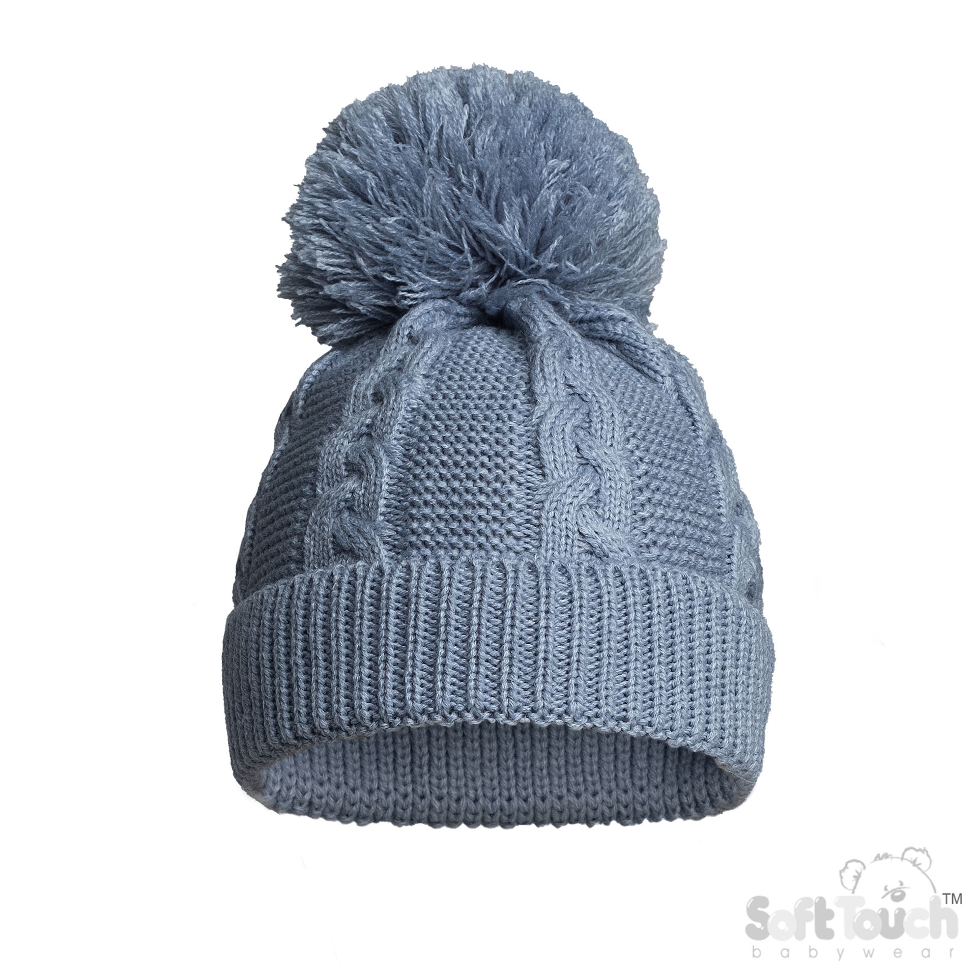 Dusty Blue Infants (NB-12m) Recycled Acrylic Cable Knit Pom Pom Hat : EH800-DB