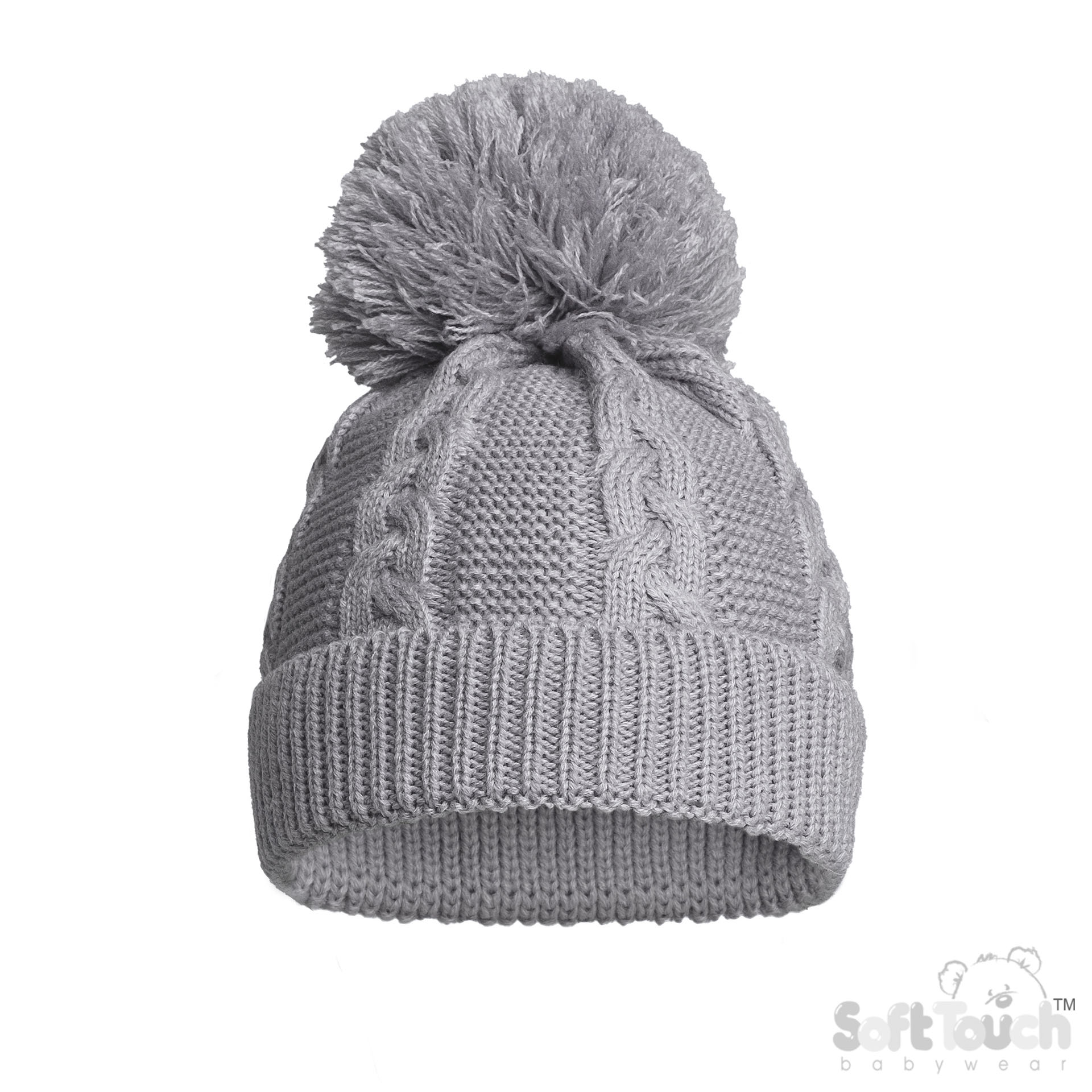 Grey Infants (NB-12m) Recycled Acrylic Cable Knit Pom Pom Hat : EH800-G