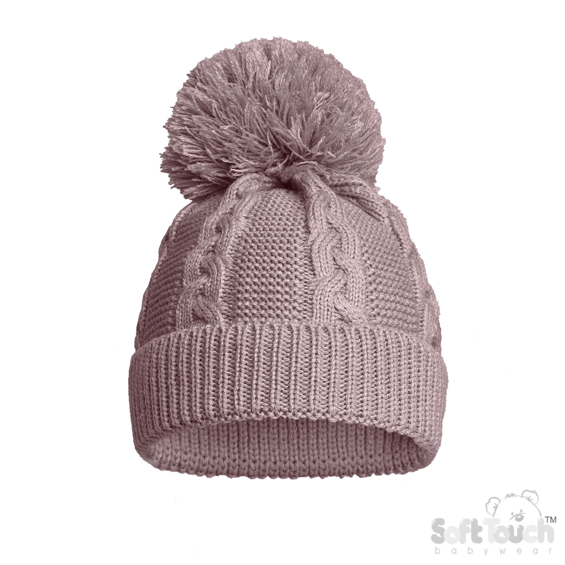 Dusty Pink Infants (12-24m) Recycled Acrylic Cable Knit Pom Pom Hat : EH802-DP