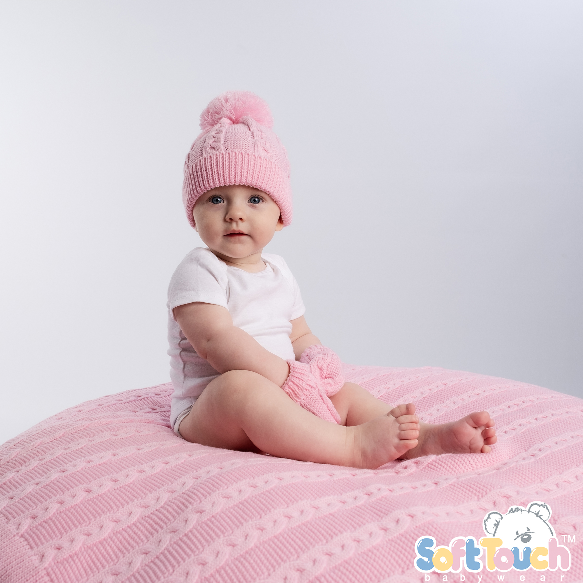 Pink Infants (12-24m) Recycled Acrylic Cable Knit Pom Pom Hat : EH802-P