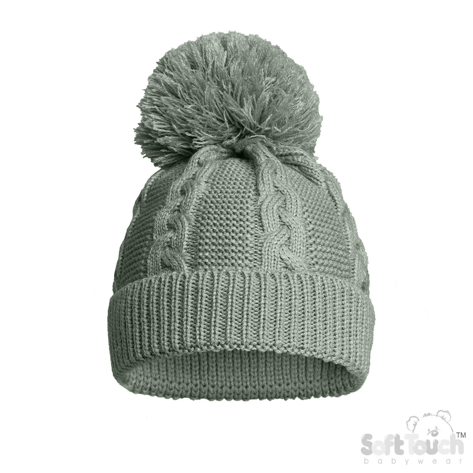 Sage Green Infants (12-24m) Recycled Acrylic Cable Knit Pom Pom Hat : EH802-SG