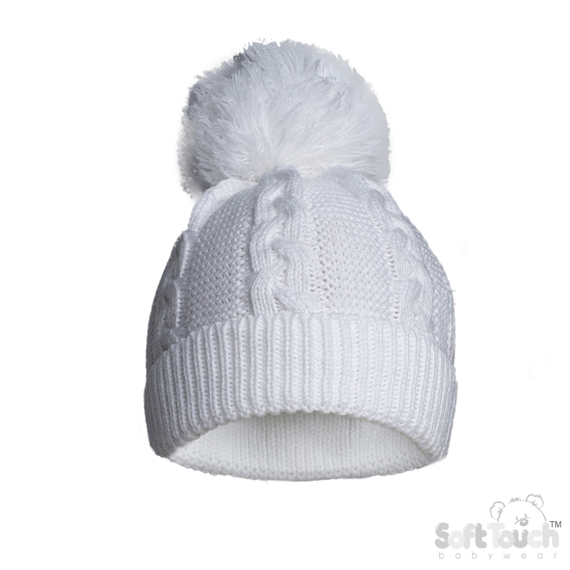 White Infant (12-24m) Recycled Acrylic Cable Knit Pom Pom Hat : EH802-W