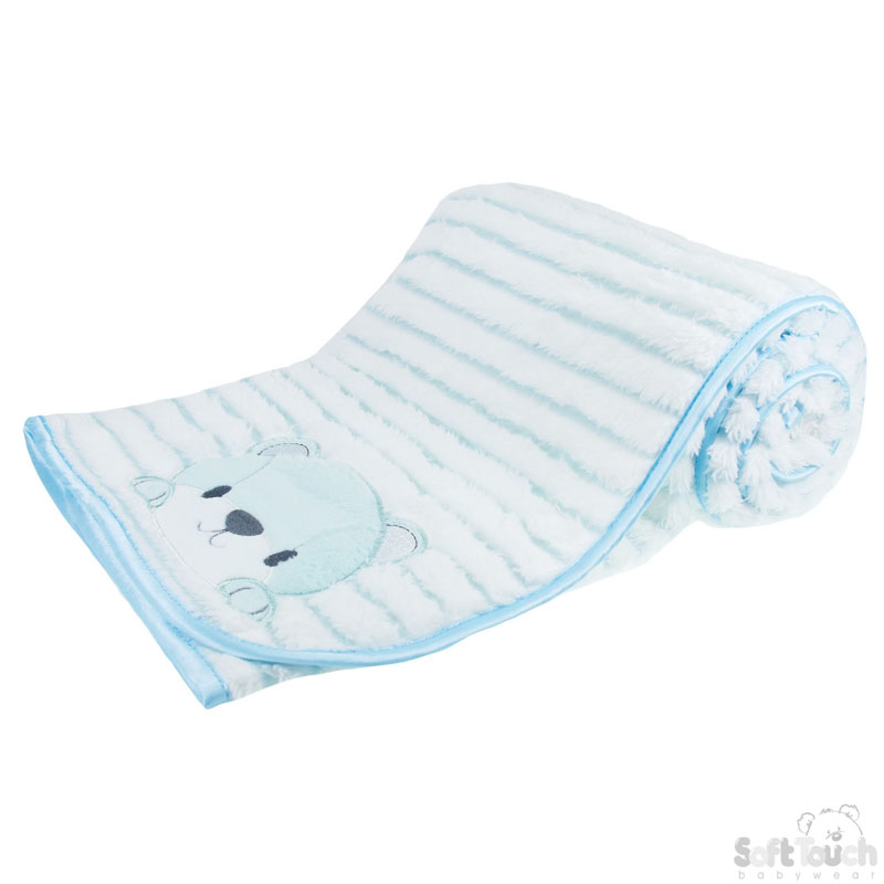 Blue Striped Plush Wrap W/Bear Emb No. FBP142-B