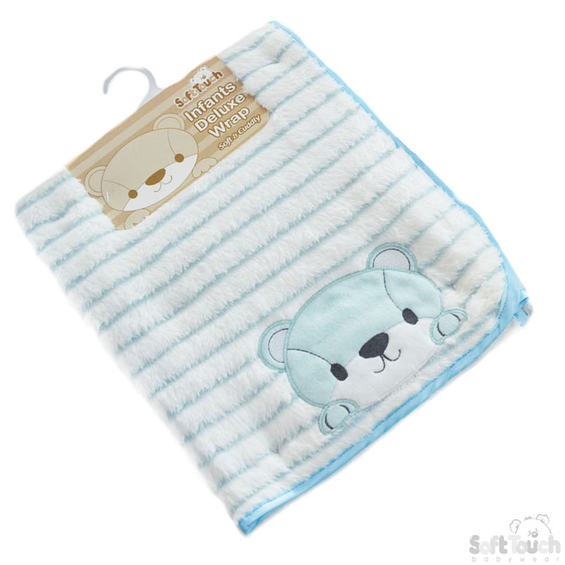 Blue Striped Plush Wrap W/Bear Emb No. FBP142-B