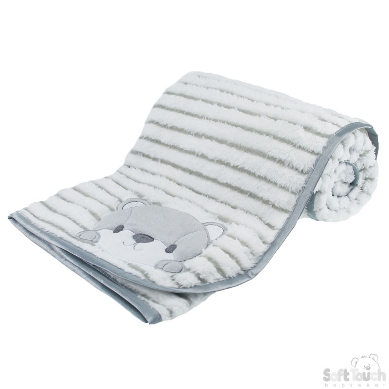 Grey Striped Plush Wrap W/Bear Emb. No. FBP142-G