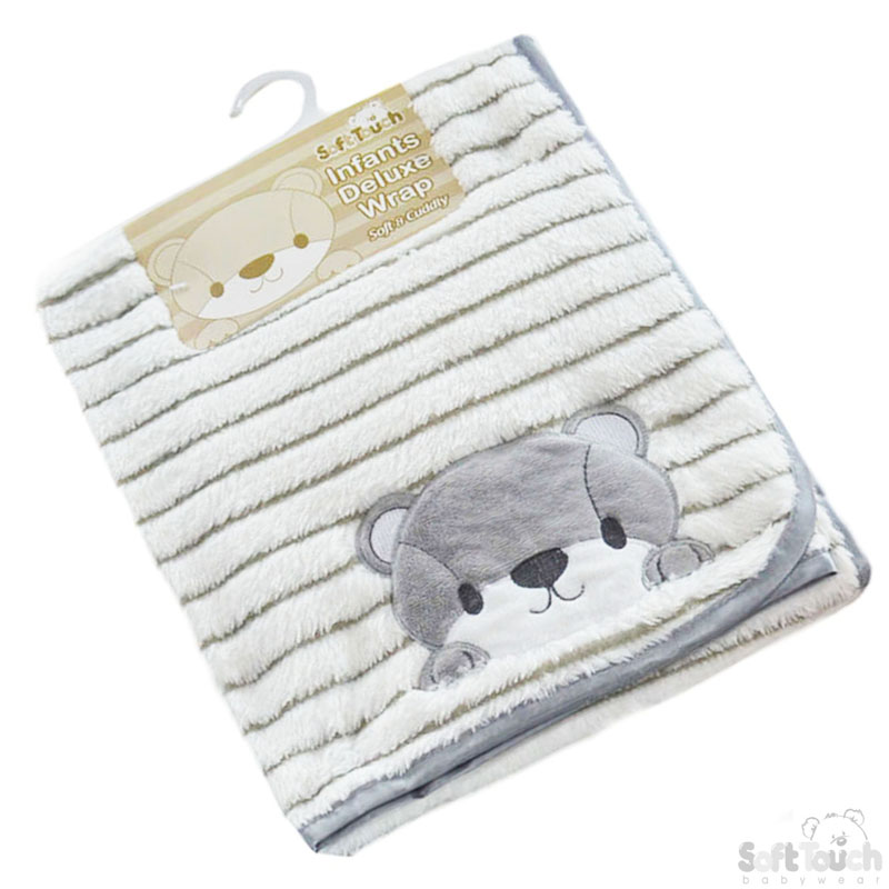 Grey Striped Plush Wrap W/Bear Emb. No. FBP142-G
