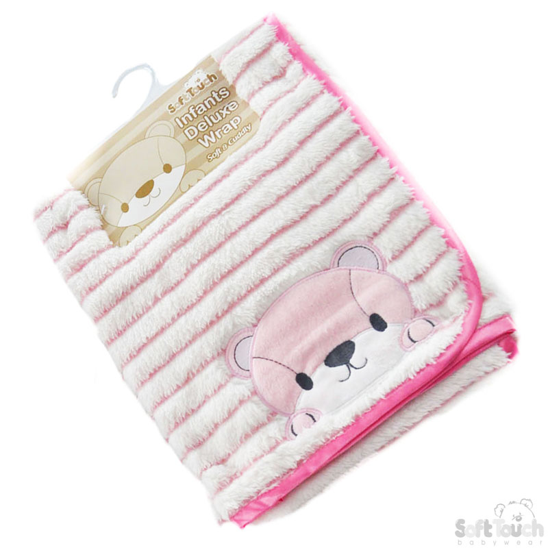 Pink Striped Plush Wrap W/Bear Emb No. FBP142-P