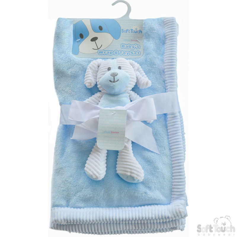 Blue/White Flannel Wrap W/Puppy Toy No. FBP148-B
