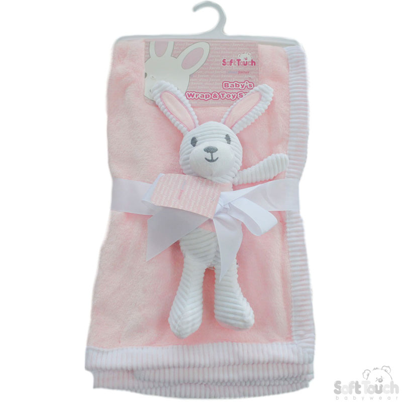 Pink/White Flannel Wrap W/Rabbit Toy No. FBP148-P