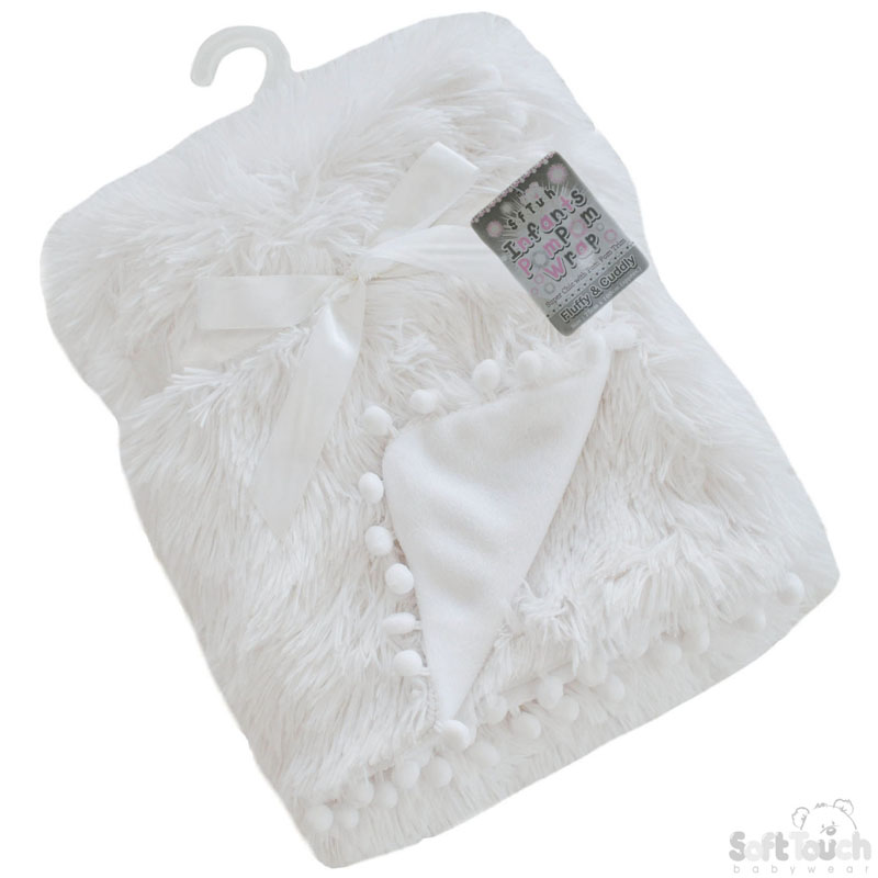 White Deluxe High Pile Wrap W/Pom Pom Trim FBP172-W