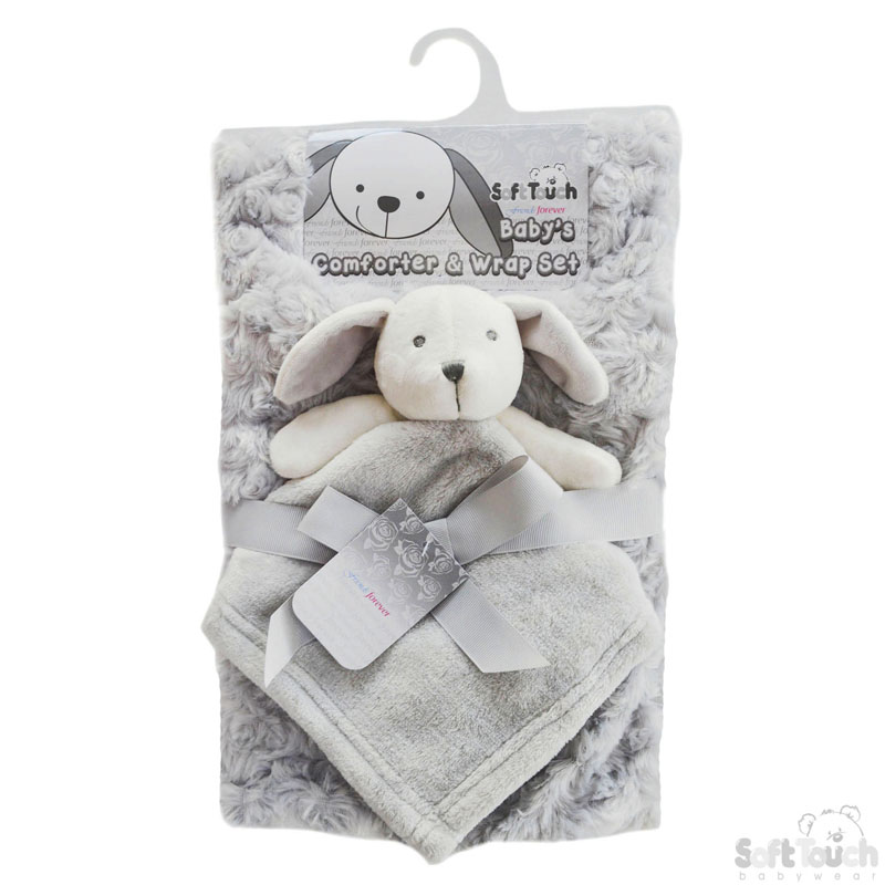 Grey Rose Wrap w/Flannel Back & Puppy Comforter: FBP174-G