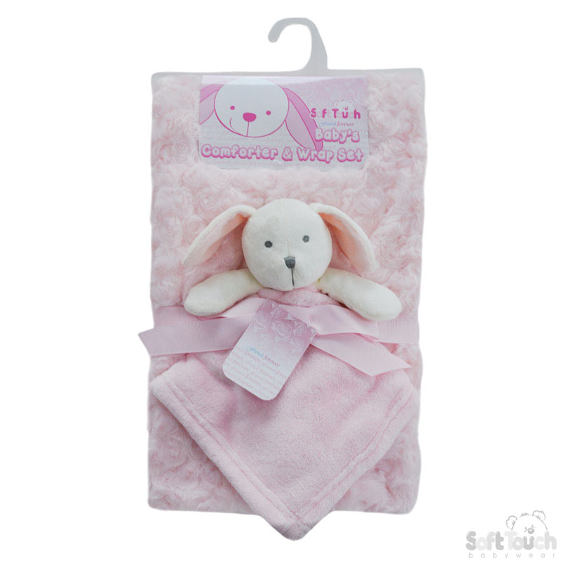 Pink Rose Wrap w/Flannel Back & Puppy Comforter: FBP174-P