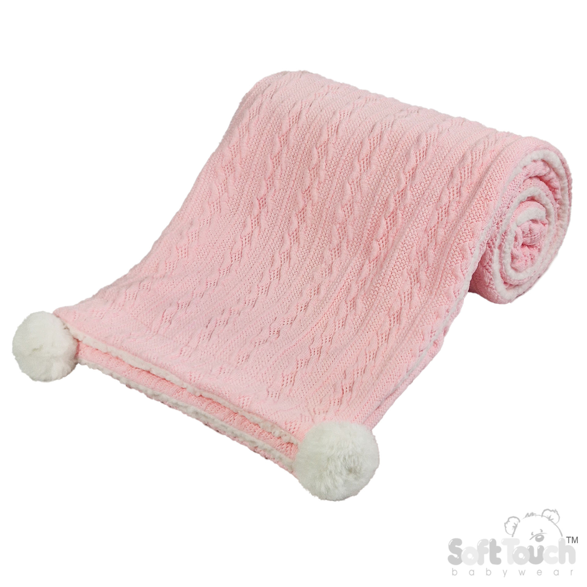 Baby Pink Cable Knit Wrap W/Pom Pom No. FBP188-BP
