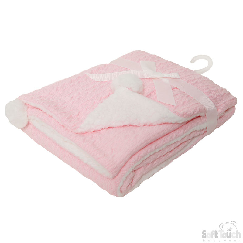 Baby Pink Cable Knit Wrap W/Pom Pom No. FBP188-BP