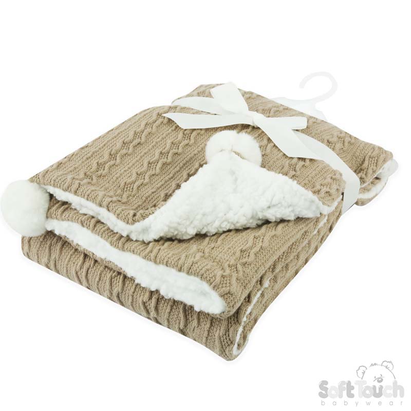 Coffee Cable Knit Wrap W/Pom Pom No. FBP188-COF