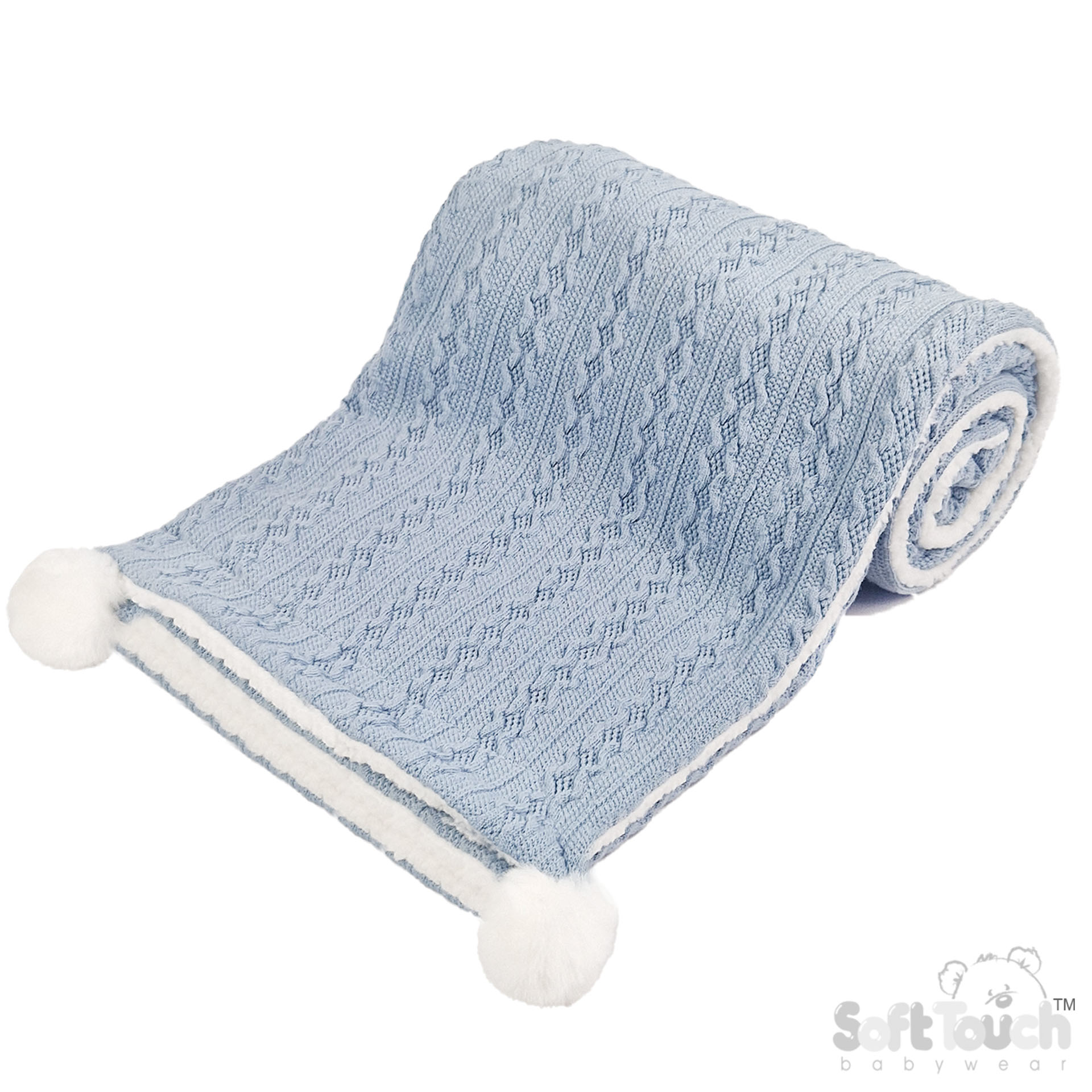 Dusty Blue Cable Knit Wrap W/Pom Pom No. FBP188-DB