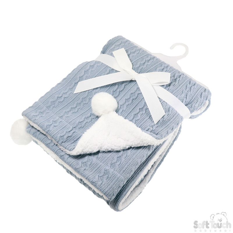 Dusty Blue Cable Knit Wrap W/Pom Pom No. FBP188-DB