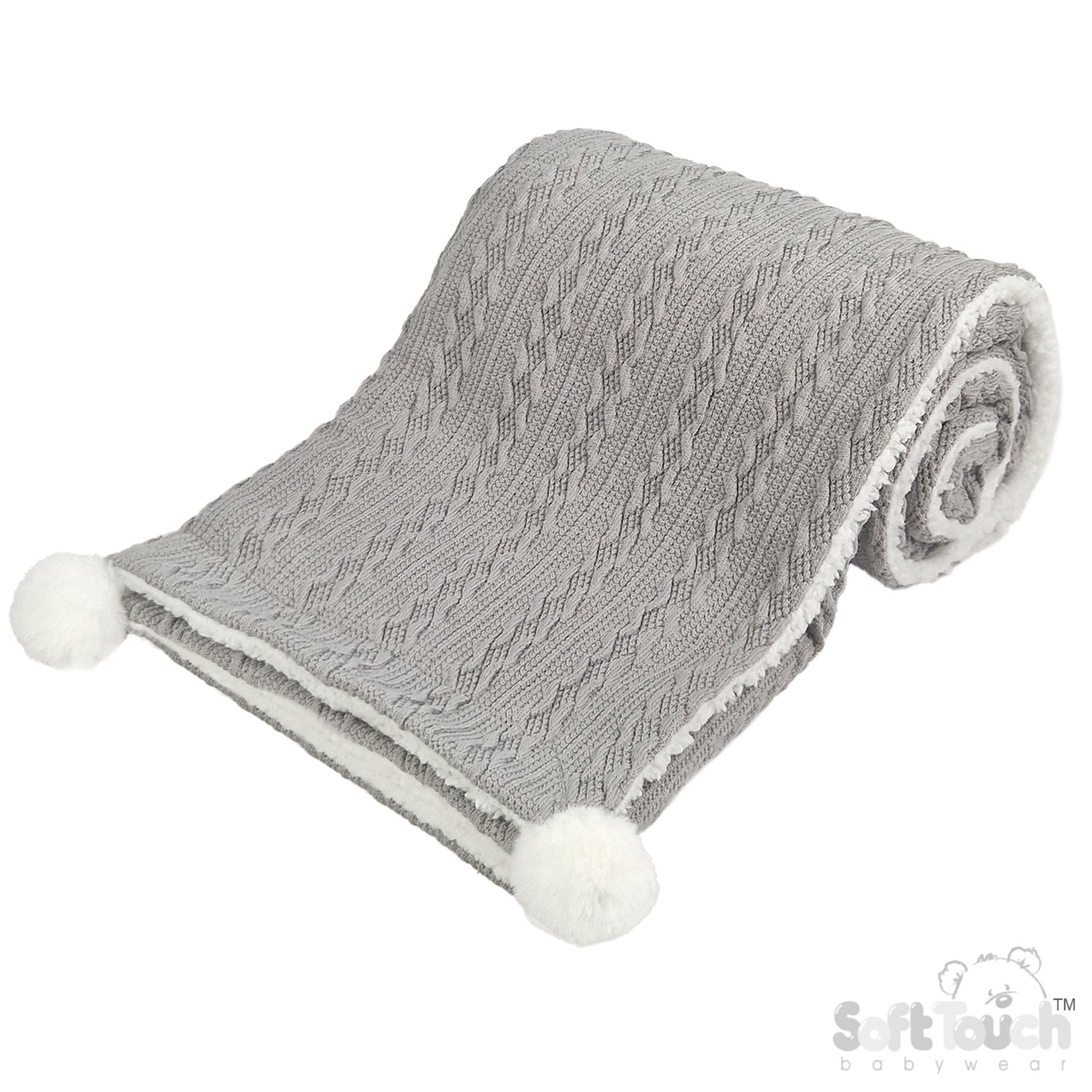 Grey Cable Knit Wrap W/Pom Pom No. FBP188-G