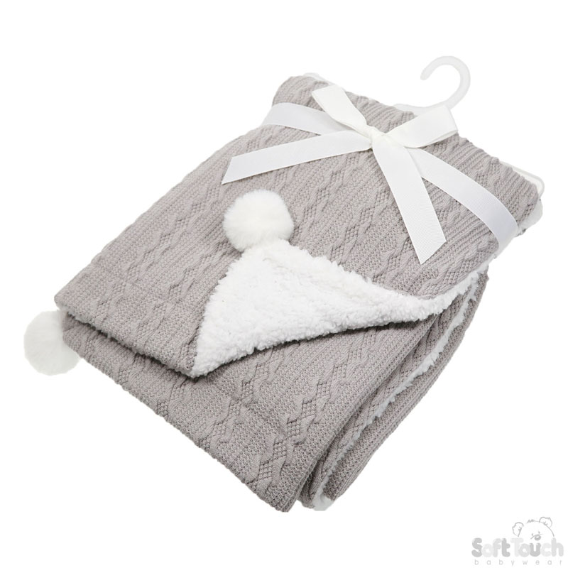 Grey Cable Knit Wrap W/Pom Pom No. FBP188-G