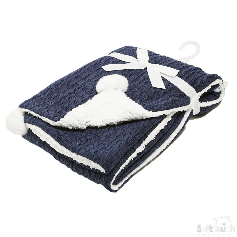 Navy Cable Knit Wrap W/Pom Pom No. FBP188-N