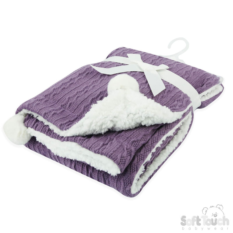 Purple Cable Knit Wrap W/Pom Pom No. FBP188-PUR
