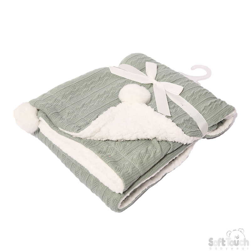 Sage Cable Knit Wrap W/Pom Pom No. FBP188-SG